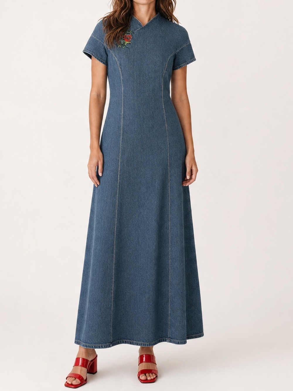 JNBY Y2K Boho Floral Embroidered Denim Maxi Dress M